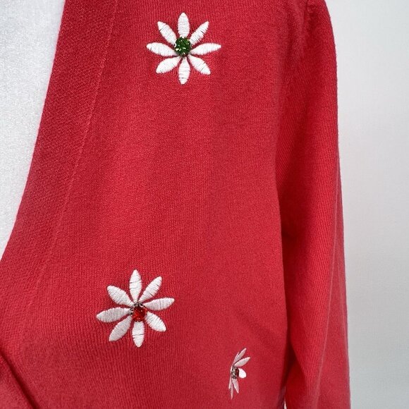 Liv Milano Coral Pink Cardigan Sweater Size M V Neck Flower Embellished Soft - Picture 4 of 13